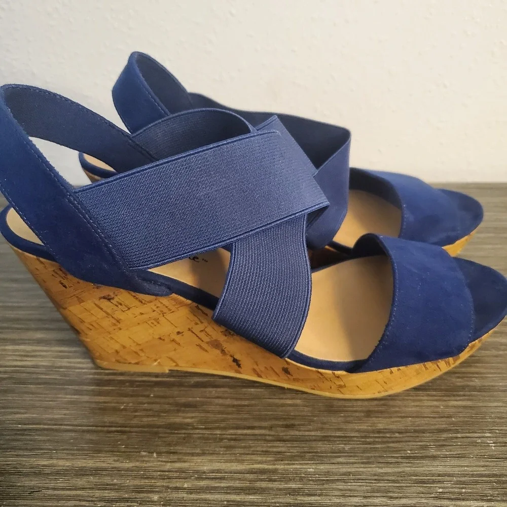 American Eagle Women's Ryan Wedge Sandals Navy Blue Cork Heel Straps‎ Size 9.5